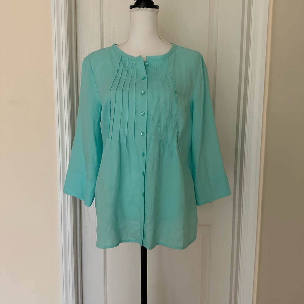 Vtg Choices Women’s Linen Teal Blue 3/4 Sleeve Button Front Blouse Top, Sz M - Picture 10 of 10